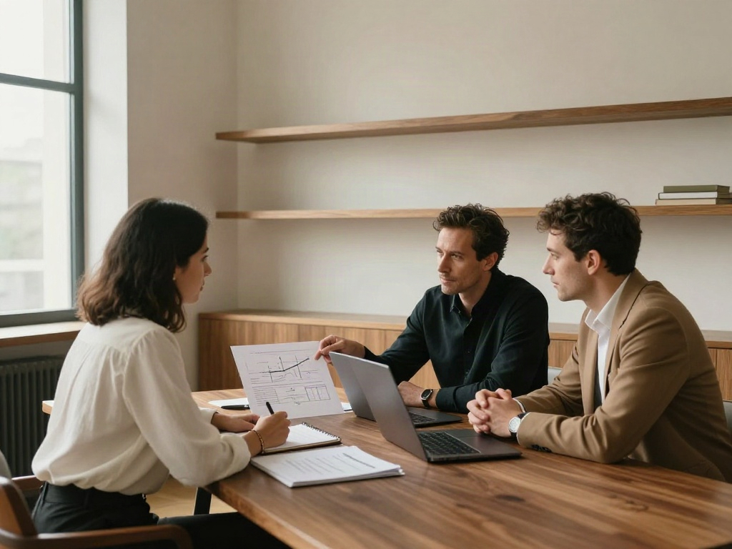 Consultants discussing a strategy report during a collaborative business review