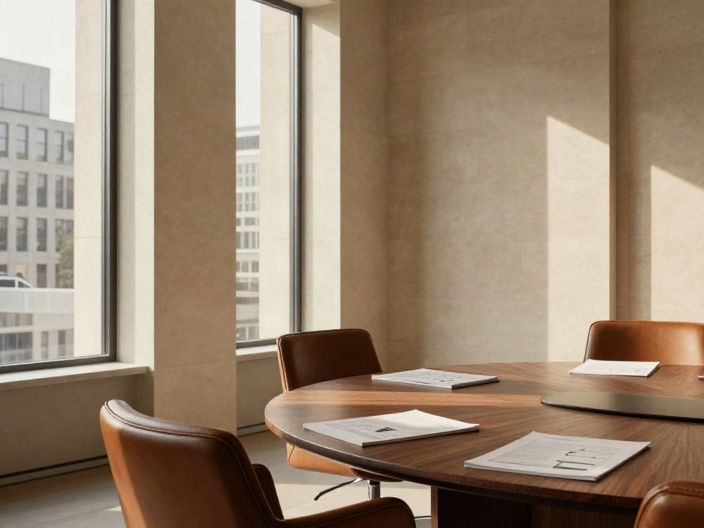 Sunlit executive boardroom with a walnut meeting table and warm architectural details